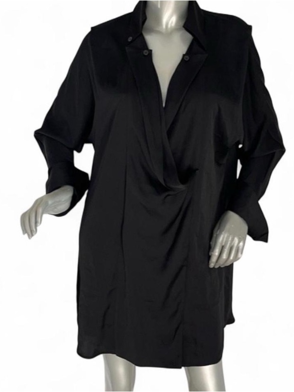 Mob Wife Minimalist Dark Academia Long Sleeve Black Satin Wrap Style Shirt Dress